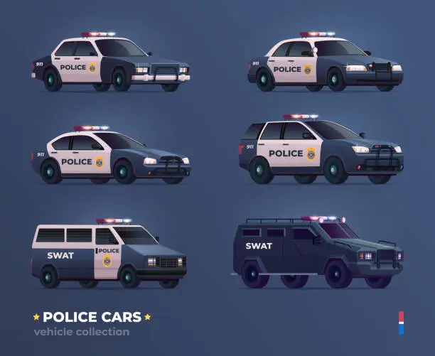 Vector illustration of Collection of police cars of various types. City urban police car, van, suv, pursuit and swat truck
