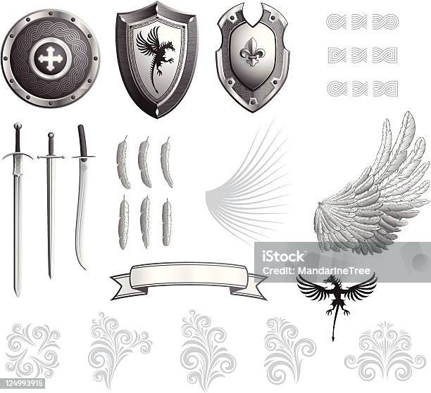 Ilustración de Kit De Heráldica y más Vectores Libres de Derechos de Escudo - Arma de protección - Escudo - Arma de protección, Espada, Ornamentado