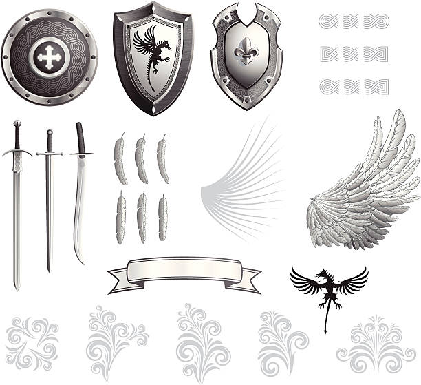 illustrations, cliparts, dessins animés et icônes de blason kit - wing insignia metal silver