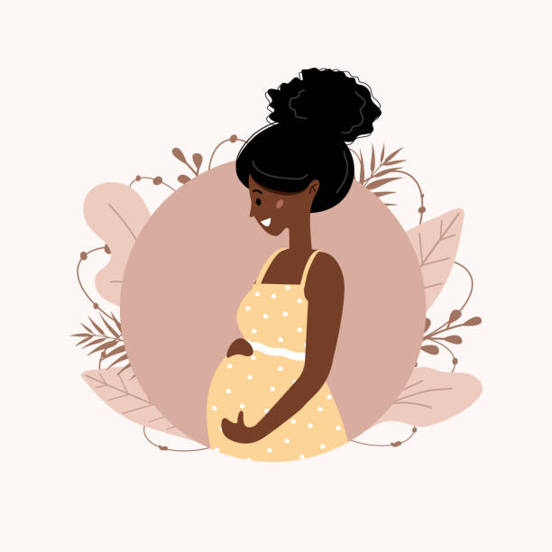 ilustrações de stock, clip art, desenhos animados e ícones de cute happy pregnant woman. beautiful african girl waiting for baby. modern vector illustration in flat style. - africana gravida