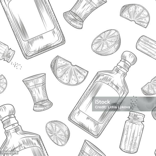 Tequila Seamless Pattern Shot Glass And Bottle Tequila Salt Lime Stock  Illustration - Download Image Now - iStock