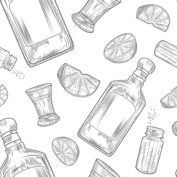 Vector illustration of Tequila seamless pattern. Shot glass and bottle tequila, salt, lime