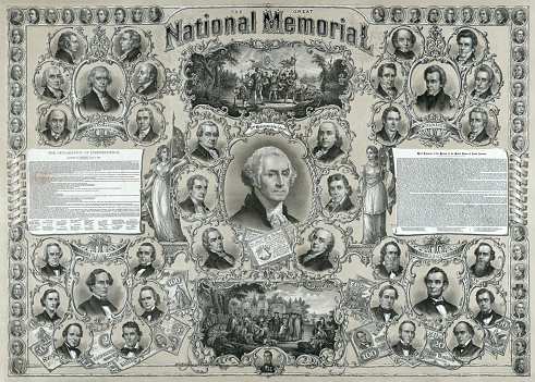 Vintage image features US presidential portraits of George Washington, Thomas Jefferson, Andrew Jackson, Jefferson Davis, and Abraham Lincoln with portraits of their respective cabinet members, two vignette scenes showing the landing of Columbus and William Penn meeting with Native Americans, text of the Declaration of Independence, a synopsis of US history, a cameo portrait of Lafayette, and 48 cameo portraits of prominent Americans arranged along the top and side borders.