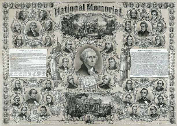 The Great National Memorial Vintage image features US presidential portraits of George Washington, Thomas Jefferson, Andrew Jackson, Jefferson Davis, and Abraham Lincoln with portraits of their respective cabinet members, two vignette scenes showing the landing of Columbus and William Penn meeting with Native Americans, text of the Declaration of Independence, a synopsis of US history, a cameo portrait of Lafayette, and 48 cameo portraits of prominent Americans arranged along the top and side borders. us president stock illustrations