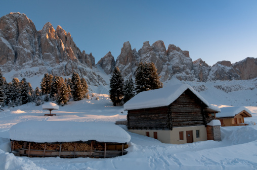 Dolomites of South Tyrol (Italy): Odle mountain group (Geislergruppe) at sunset in winter.