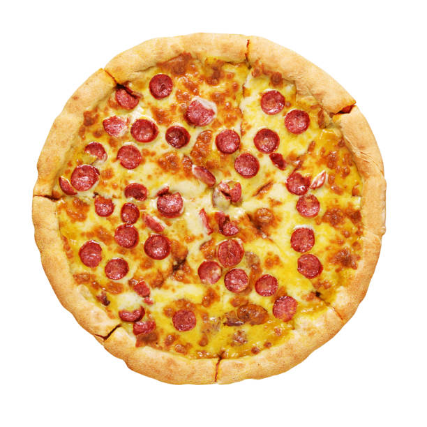 istock Pepperoni pizza with sausages isolated on white background. 1249949040