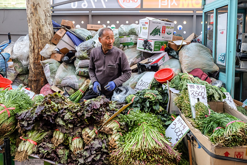 Daegu, South Korea - April 4, 2019 : Many fresh vegetable in Seomun Market, this market was one of the country's three largest markets and is one of the famous tourist destination in South Korea.
