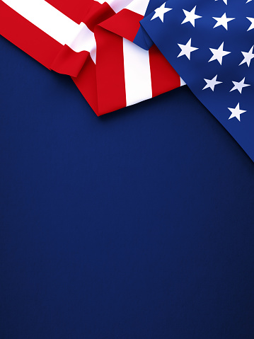 American flag on navy blue background. Vertical composition with copy space. Directly above.