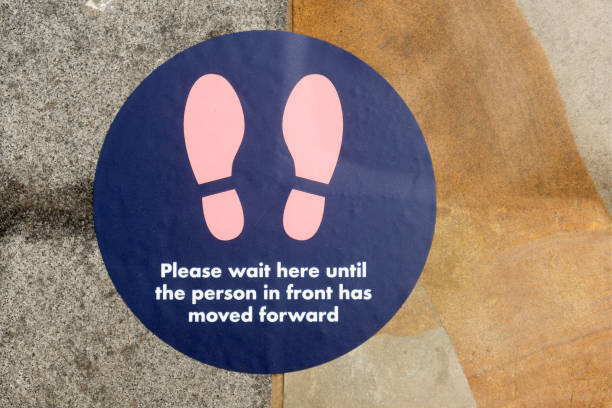 istock Social Distancing Queue Sign on floor outside shop 1249955564