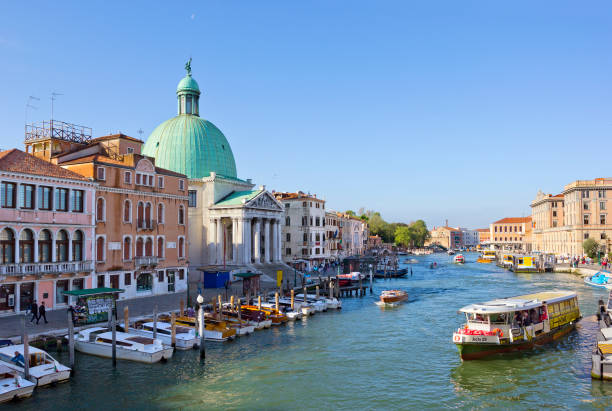 This is a wide angle image of the Basilica Santa Maria Della Salute, opposite San Marco Square in Venice, Italy.