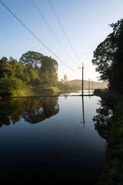 istock Electric wires reflected in the quiet water 1249956468