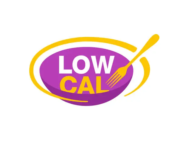 Vector illustration of Low Cal stamp - plate with fork, knife and text