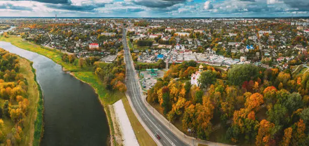 Photo of Mahiliou, Belarus. Mogilev Cityscape With Temple of the Holy Royal Martyrs and New Martyrs and Confessors of the 20th Century. Aerial View Of Skyline In Autumn Day. Bird's-eye View