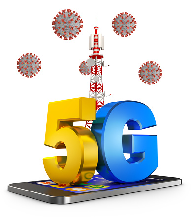 Tower and 5G on a smartphone and a group of coronoviruses. 3d render.
