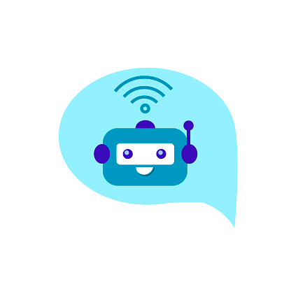 Chatbot in green speech bubble isolated on white background. Chatbot business concept. Cute robot icon for support service. Vector flat illustration. Design for banner, landing page, site.