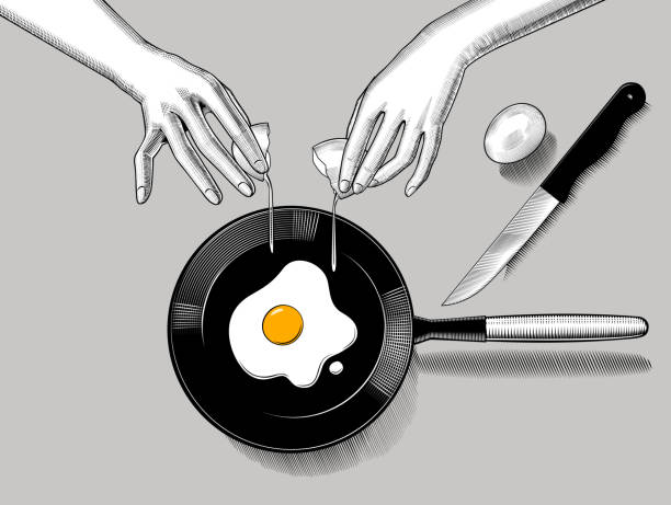 illustrazioni stock, clip art, cartoni animati e icone di tendenza di le mani femminili cucinano le uova fritte - break eggs domestic kitchen breaking