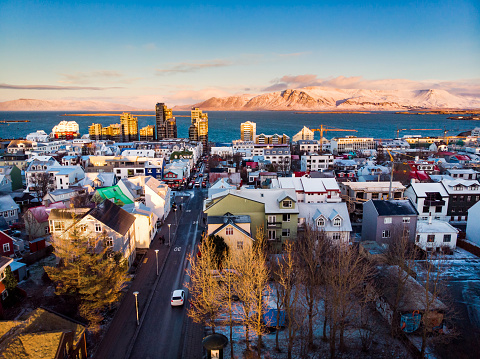 Aerial skyline of Reykjavik and downtown streets at the capital city of Iceland at sunset