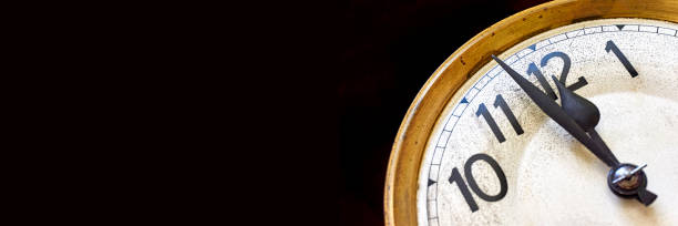 Old vintage clock shows 2 minutes to 12 o'clock against a black background. New year's eve or countdown banner with copy space.