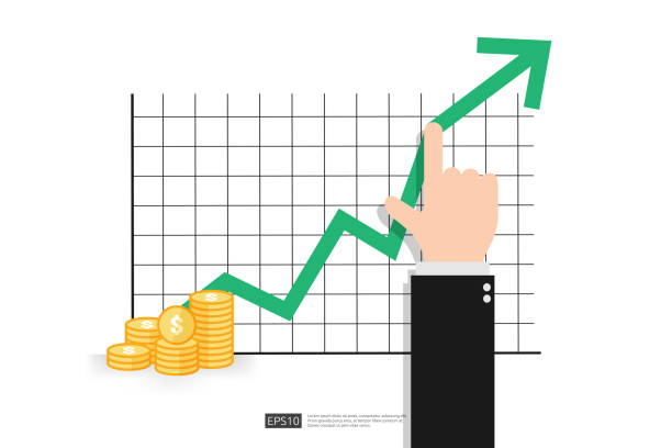 istock Increase profit sales diagram. Hand with business chart growth in flat style design. increasing graph investment revenue with line arrow and businessman hand vector illustration concept to success 1249967644