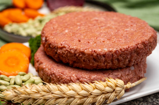 Source of fibre plant based vegan soya protein burgers, meat free healthy food Source of fibre plant based vegan soya protein burgers, meat free healthy food close up veganism stock pictures, royalty-free photos & images