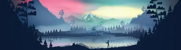 Vector illustration of Lakeside forest in the mountains at night with aurora and fog with fisherman panorama