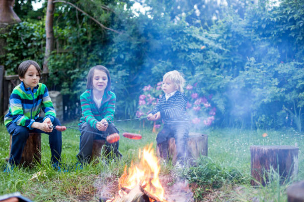 istock Happy kids roasting sausages on campfire 1249969142