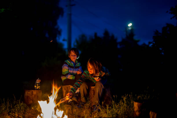 istock Happy kids roasting sausages on campfire 1249969224