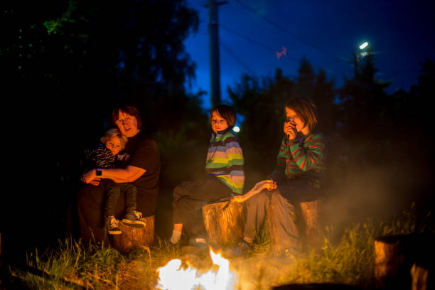istock Happy kids roasting sausages on campfire 1249969249