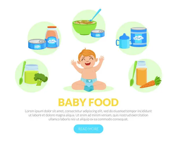 Vector illustration of Baby Food Landing Page Template, Healthy First Meal for Toddlers, Organic Kids Menu, Infant Nutrition Vector Illustration