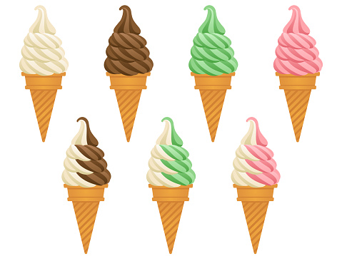 Illustration set of various soft serve ice cream (vanilla, chocolate, matcha, strawberry, swirl flavors)