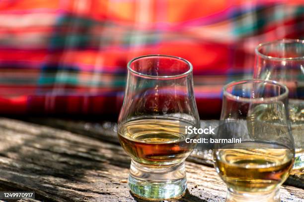 Tasting Of Different Scotch Whiskies On Outdoor Terrace Dram Of Whiskey And Red Tartan Stock Photo - Download Image Now