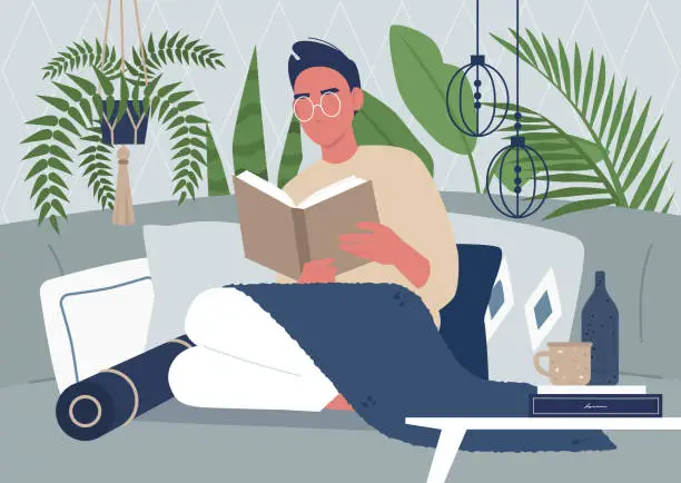 Vector illustration of Young male character reading a book, cozy interior, tropical plants, pillows and boho style decorative elements, interior design