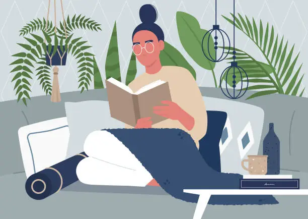 Vector illustration of Young female character reading a book, cozy interior, tropical plants, pillows and boho style decorative elements, interior design