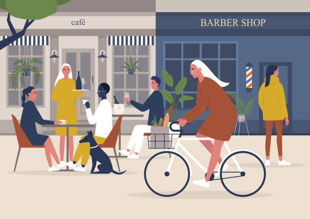 pandemi, restoranlar ve berber dükkanları yeniden açılması sonu, normale döndü, insanlar yürüyüş, bisiklet ve kafede oturan, bin yıllık yaşam tarzı - street stock illustrations