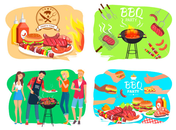 ローストミートイラストセット付きバーベキューパーティー - barbecue grill barbecue burger hamburger点のイラスト素材／クリップアート素材／マンガ素材／アイコン素材