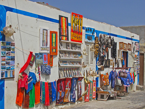 Cabo Verde, Cape Verde, Sal island: Colorful souvenir market retail place sunny day