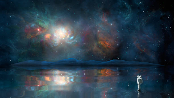 istock Space background. Astronaut stand on reflection surface with distant mountain and colorful nebula. 1249972785