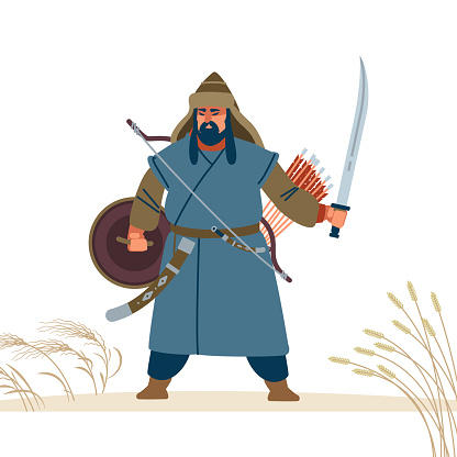 Mongol warrior character. Medieval battle illustration. Historical illustration. Isolated vector flat illustration
