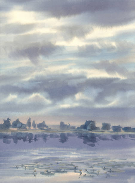 istock Clouds over the lake in summer watercolor landscape 1249973989