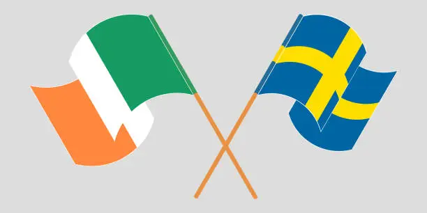 Vector illustration of Crossed and waving flags of Ireland and Sweden