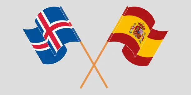 Vector illustration of Crossed and waving flags of Iceland and Spain