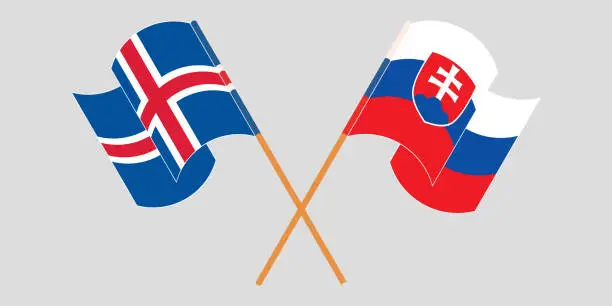 Vector illustration of Crossed and waving flags of Iceland and Slovakia