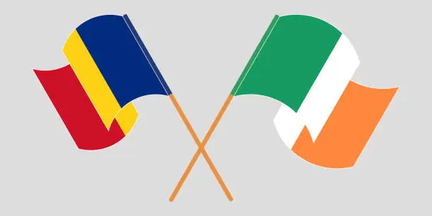 Vector illustration of Crossed and waving flags of Romania and Ireland