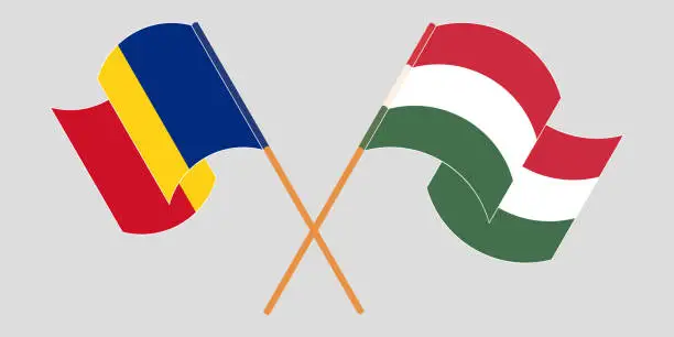 Vector illustration of Crossed and waving flags of Romania and Hungary