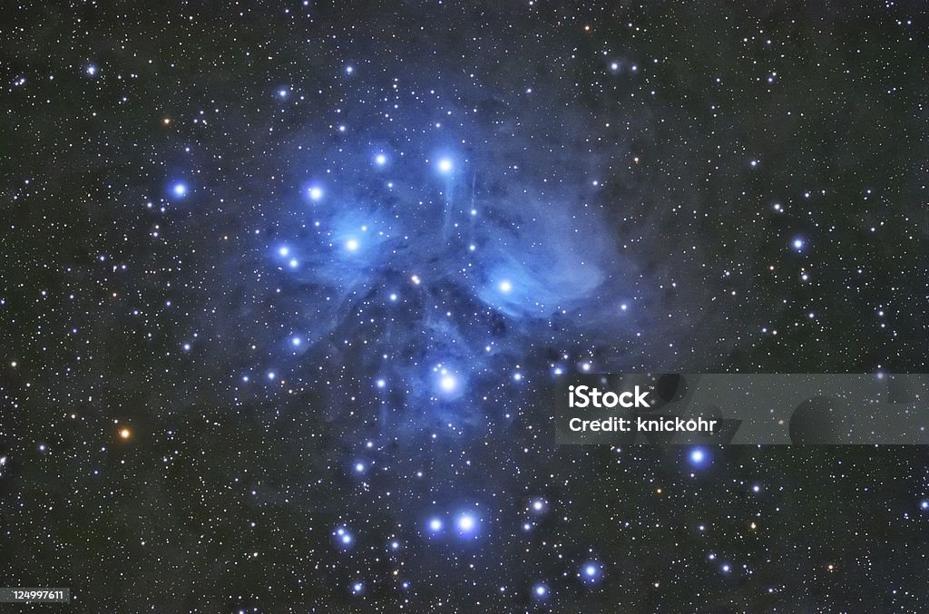 Star Cluster M45 - The Pleiades The Pleiades, also known as Messier 45 (M45), The seven sisters, are among those objects which are known since the earliest times. At least 6 member stars are visible to the naked eye, while under moderate conditions this number increases to 9, and under clear dark skies jumps up to more than a dozen (Vehrenberg, in his Atlas of Deep Sky Splendors, mentions that in 1579, well before the invention of the telescope, astronomer Moestlin has correctly drawn 11 Pleiades stars, while Kepler quotes observations of up to 14). Astronomy Stock Photo