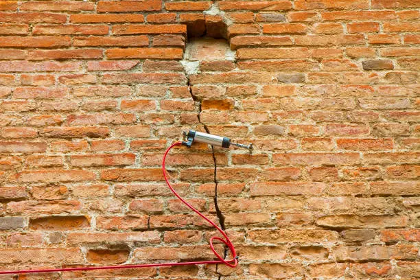 Digital crack measuring device reading, by cable, the minimal deformation and movement of a dangerous cracked brick wall.