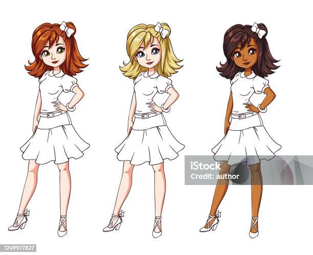 Ilustración de Conjunto De Tres Chicas Diferentes Con Camisa Y Falda Cuerpo De Color Con Traje Ilustración de Conjunto De Tres Chicas Diferentes Con Camisa Y Falda Cuerpo De Color Con Traje