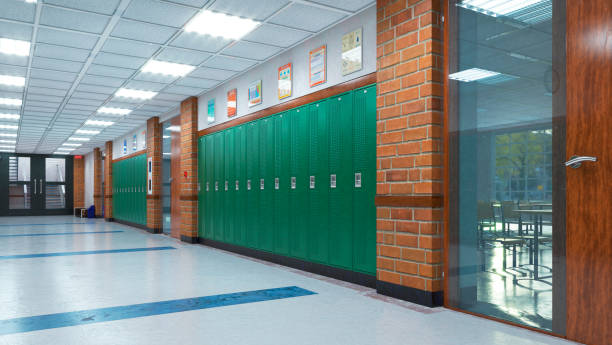 School corridor with lockers. 3d illustration