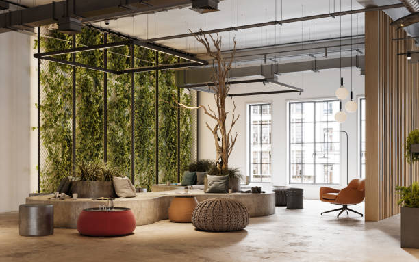 3D Rendering of creative office space 3D Rendering of modern office space. Creative office space decorated with beautiful articles. green home decor stock pictures, royalty-free photos & images