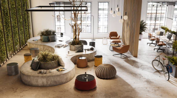 Creative office interior in 3D Creative office interior with beautiful decorative. 3D Rendering of modern and bright office space green home decor stock pictures, royalty-free photos & images